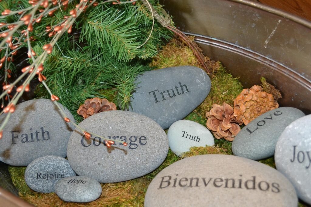 courage, truth, faith, joy, bienvenidos, love, stones, prayers, words, rocks, pebbles, symbols, hope, spirit, strength, truth, truth, truth, truth, truth