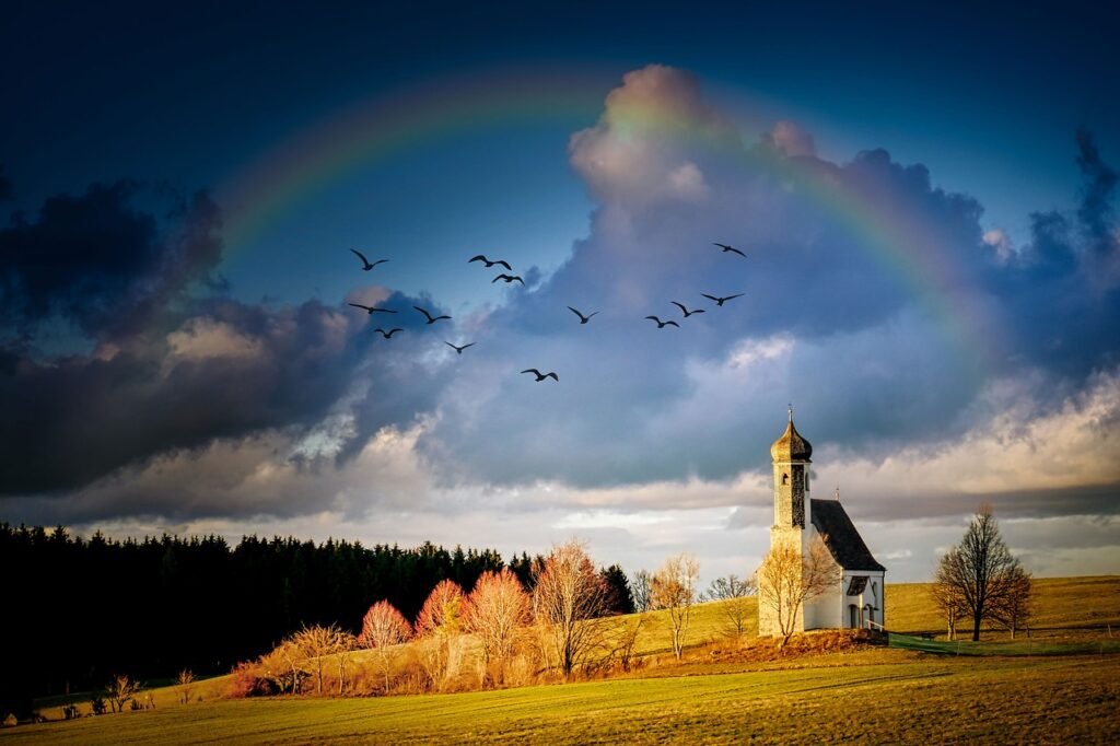 landscape, church, fall, birds, rainbow, mood, heaven, god, peace, resurrection, religion, light, nature, easter, hope, pray, believe, christianity, clouds, sunny